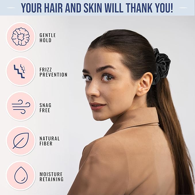 Blissy Silk Scrunchies (3 Pack) - 100% Pure Mulberry Silk - 22 Momme 6A High-Grade Fibers Scrunchie for Straight & Curly Hair - Preventing Breakage, Tangling, & Creasing (Black Skinny)