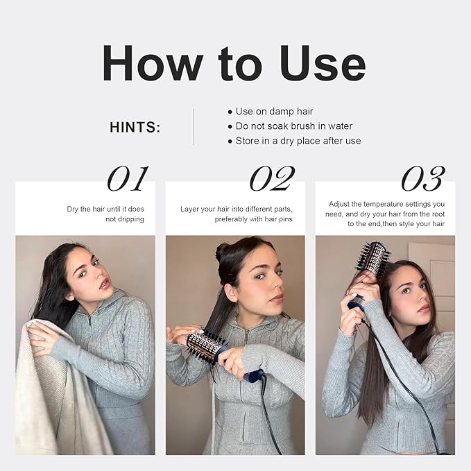 Dual Voltage Travel Hair Dryer Brush, 2 Inch Oval Hot Air Brush, One Step Travel Hair Styler/Volumizer/Straightener/Curler, European Blow Dryer Brush with Universal Adapter