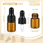 200 Pcs Mini Glass Oil Dropper Bottle Bulk, Clear Essential Small Empty Bottles Sample Containers Perfume Liquid Vials with Cap for Traveling (2 ml,Amber)