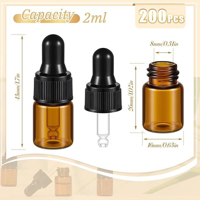 200 Pcs Mini Glass Oil Dropper Bottle Bulk, Clear Essential Small Empty Bottles Sample Containers Perfume Liquid Vials with Cap for Traveling (2 ml,Amber)