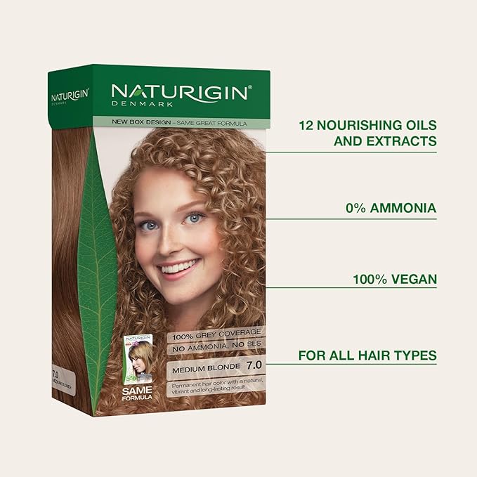 Naturigin Permanent Hair Color, 7.0 Medium Blonde, Ammonia Free, 100% Gray Coverage, Nourishing Natural Formula, For All Hair Types, Long-Lasting, Vegan & Cruelty-Free, 1 Pack