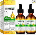 2 Pack Pure Vitamin E Oil, 75,000 IU Ultra Concentrated & Natural for Stretch Mark/Scars Treatment, Smoothing & Moisturizing Skin & Hair & Cuticles, Cold Pressed/Hexane Free/Non-GMO, 60ML/2Fl Oz