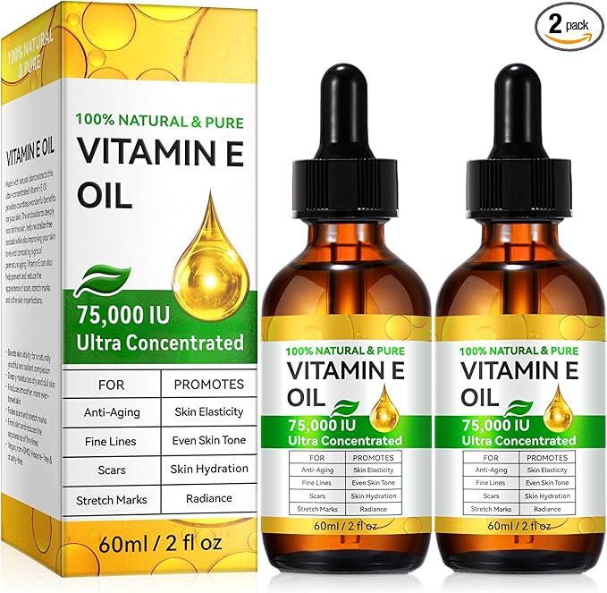 2 Pack Pure Vitamin E Oil, 75,000 IU Ultra Concentrated & Natural for Stretch Mark/Scars Treatment, Smoothing & Moisturizing Skin & Hair & Cuticles, Cold Pressed/Hexane Free/Non-GMO, 60ML/2Fl Oz