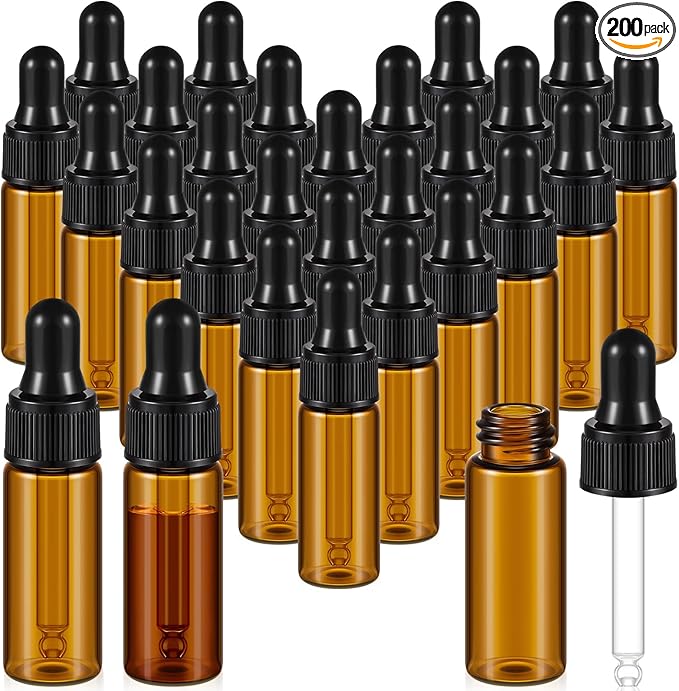 200 Pcs Mini Glass Oil Dropper Bottle Bulk, Clear Essential Small Empty Bottles Sample Containers Perfume Liquid Vials with Cap for Traveling (5 ml,Amber)