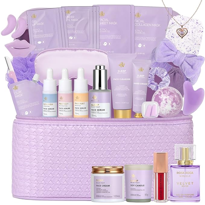 Christmas Gifts for Women, Lavender 33 Pcs Spa Bath & Body Gift Set, Face Sheet Mask Skin Care, Hydrogel Mask, Lip Gloss, Cosmetic Bag, Face Serum, Necklace, Cleanser, Gua Sha, Mother Day, Birthday