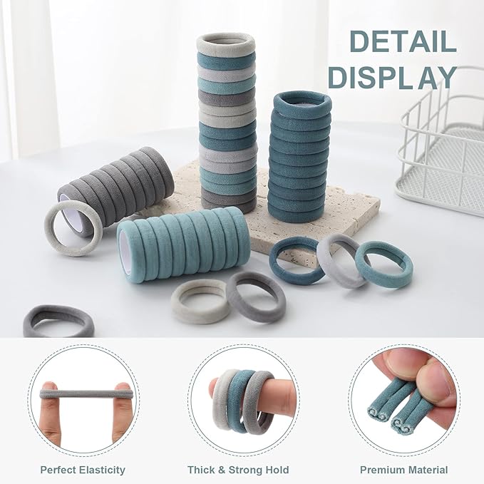 100 Pcs Thick Seamless Hair Ties, Ponytail Holders Hair Accessories No Damage for Thick Hair Christmas Gift(Cool Colors)