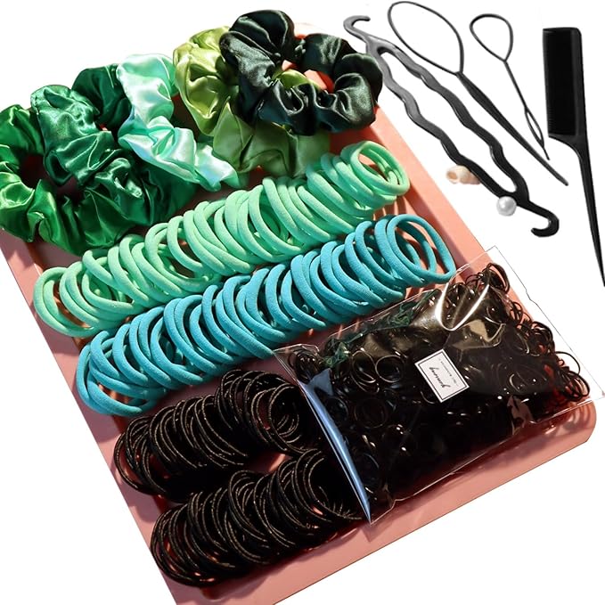 YANRONG Women's Hair Accessories Set: 755PCS Seamless Ponytail Holders, Variety Scrunchies, Bands and Ties for Thick and Curly Hair (Green)