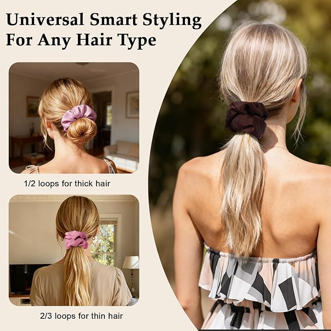 Satin Scrunchies for Women – 8PCS Blush & Brown Silk Hair Ties Set – No Crease, Frizz-Free, Gentle Elastic Hair Bands, Soft & Stylish Everyday Hair Accessories Gifts