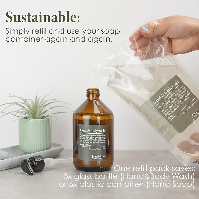 Moisturizing Liquid Hand & Body wash Rosemary Ginger Refill Pack by Jean&Len, silicone and paraben free with natural ingredients, vegan, 50.7 Fl. Oz.