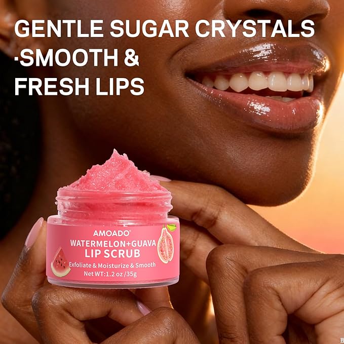 AMOADO Sugar Lip Scrub for Dark Lips – Exfoliating Lip Scrub for Smooth & Soft Lips with Watermelon & Guava, Lip Exfoliator & Moisturizer for Dry, Chapped Lips, Natural Lip Care, 1.2 oz/35g