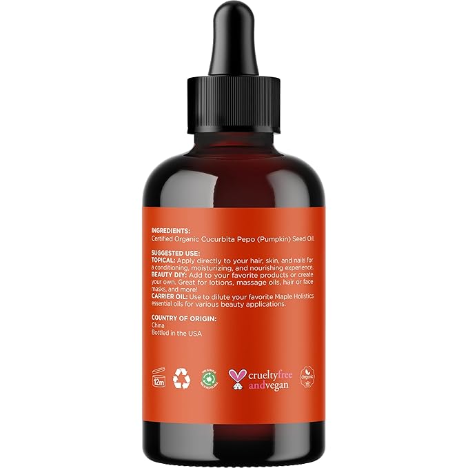 Maple Holistics Pumpkin Seed Oil Organic Certified - 100% Pure Organic Pumpkin Seed Oil for Hair and Anti Aging Face Oil - USDA Organic for Dry Hair and Volume - Virgin Cold Pressed & Unrefined (4oz)
