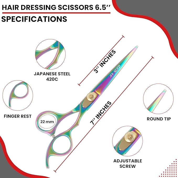 Hair Cutting Scissors -Sharp Razor Edge Blade Hair Shears Series - 6.5" With Fine Adjustment – Stainless Steel Hair Scissors Professional For Men, Women & Babies (Rainbow)