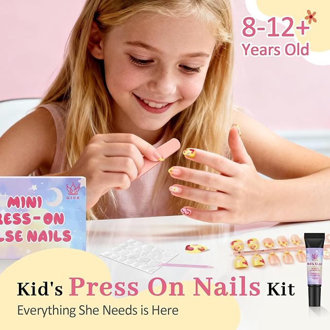 16 Sizes Press on Nails Kit for Kids - 32 Pieces French Almond Fake Nail Tips for Girls 8-12 Years Old with Jelly Nail Adhesives & No-Lamp Nail Glue, Birthday Christmas Gifts (Happy Smile)
