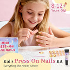 16 Sizes Press on Nails Kit for Kids - 32 Pieces French Almond Fake Nail Tips for Girls 8-12 Years Old with Jelly Nail Adhesives & No-Lamp Nail Glue, Birthday Christmas Gifts (Happy Smile)