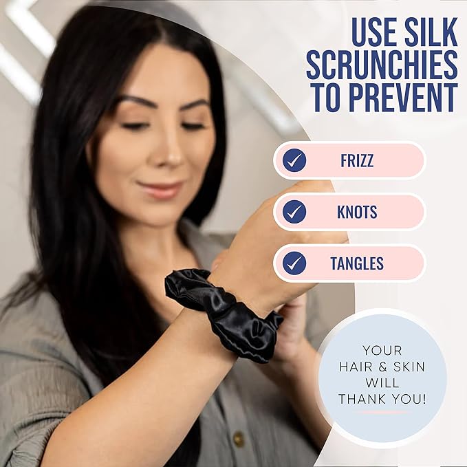 Blissy Silk Scrunchies (3 Pack) - 100% Pure Mulberry Silk - 22 Momme 6A High-Grade Fibers Scrunchie for Straight & Curly Hair - Preventing Breakage, Tangling, & Creasing (Black Skinny)