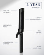 GLAMPALM Professional Curling Iron 1.6" - Long Barrel Ceramic Hair Curler for Women, Korea's No.1 Salon Hot Tool, 5 Temps & 30s Heat-up, 3D Swivel Cord & Dual Voltage, Black (GP628) (1.6")