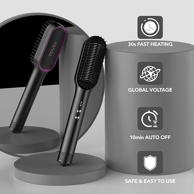 Hair Straightener Brush, HC13 Straightening Brush Comb with Ring Teeth, Straighten/Hot/Cool Air 3 Mode, 30s Fast Heat Up, Auto Shut Off & Anti-Scald Shell for Curly Wavy Frizzy Hair | Black