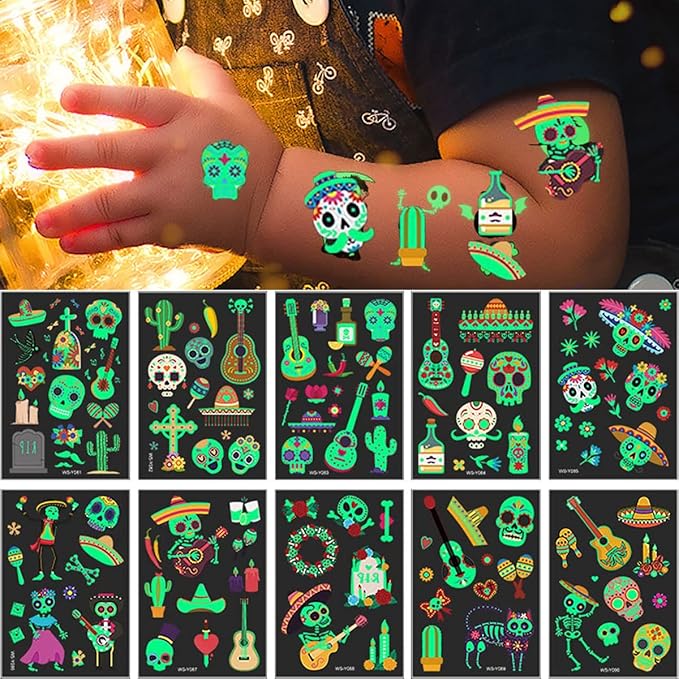 Day of the Dead Luminous Halloween Temporary Tattoo, 125PCS Waterproof Fake Face Tattoos, Body Stickers Decorations Glow in the Dark, Makeup Party Favors Supplies Decor