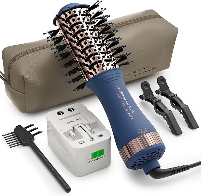 Dual Voltage Travel Hair Dryer Brush, 2 Inch Oval Hot Air Brush, One Step Travel Hair Styler/Volumizer/Straightener/Curler, European Blow Dryer Brush with Universal Adapter