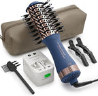 Dual Voltage Travel Hair Dryer Brush, 2 Inch Oval Hot Air Brush, One Step Travel Hair Styler/Volumizer/Straightener/Curler, European Blow Dryer Brush with Universal Adapter