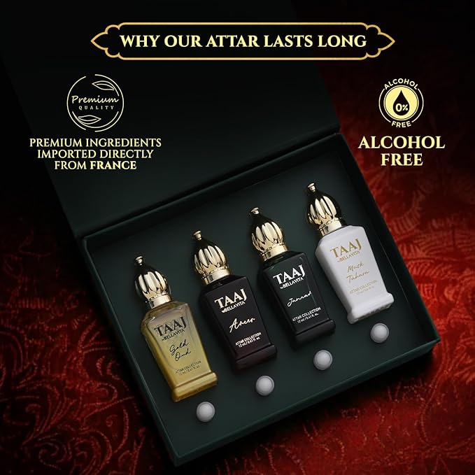 BELLAVITA Luxury Taaj Attar | Long Lasting Unisex Gift Set for Man and Woman 4x12ml | Caramel, Lemon, Cinnamon, and Musk | Non-Alcoholic Roll On | Oud, Floral, Musk | Attar for Men and Women