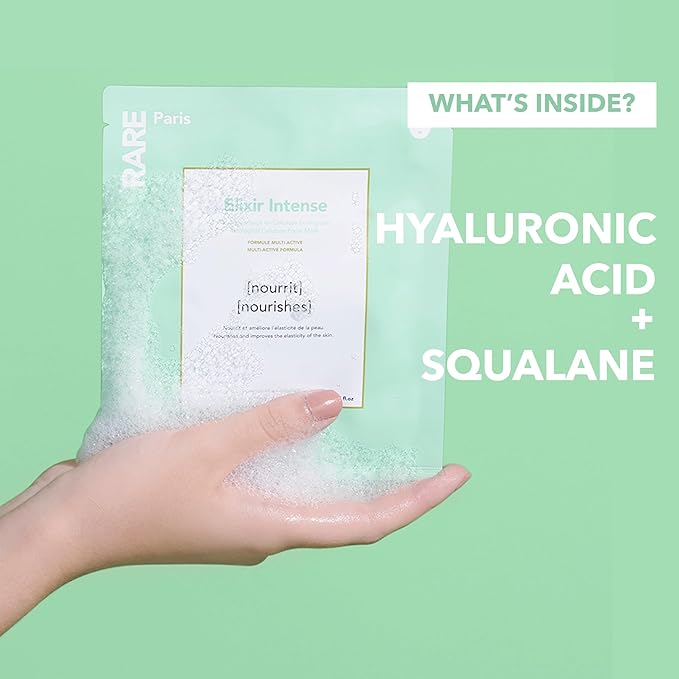 RARE Paris - Élixir Intense - Nourishing Facial Sheet Mask - Hydrating & Brightening - With Hyaluronic Acid & Squalene - Multi-Active Serum Formula - Nourishing, Firming & Revitalizing - 1 Pack