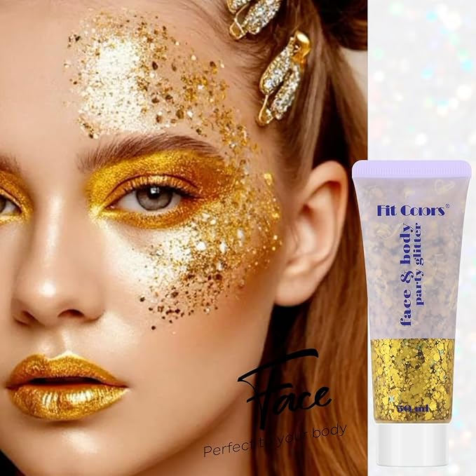 Gold Face and Body Glitter Gel, Party Concerts Cheer Face Paint Holographic Chunky Festival Rave Accessories Glitter Makeup Gel, 6 Kinds of Sparkling Sequins for Hair Nail Eye Lip Body