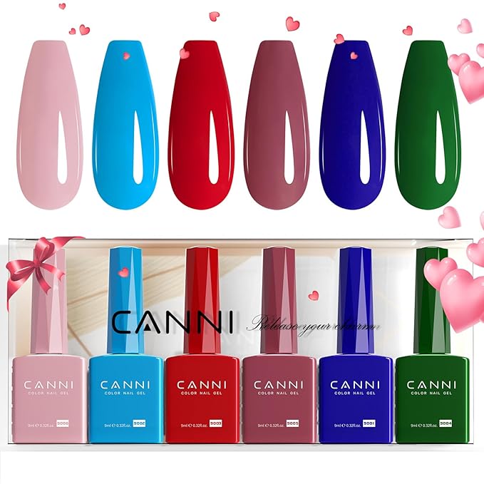 CANNI 6Pcs 9ml Gel Nail Polish Set- Pink Blue Red Deep Emerald Green Light Blue Gel Polish Kit Colors DIY at Home Salon Christmas New Year's Gifts for Girls