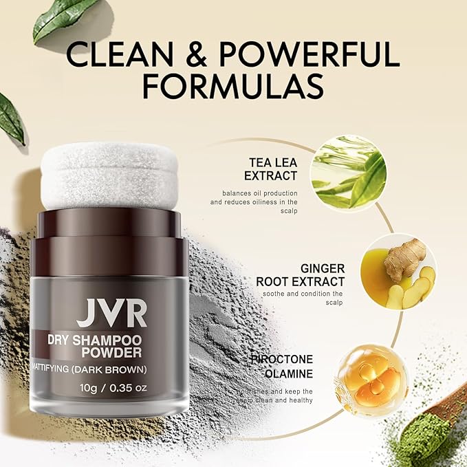 JVR Dry Shampoo Powder Absorbs Oil in Hair, Volumizing, Dry Shampoo for Women & Men, Freshens Hair, Mattifying Root Boost with Tea Extract, Non-Aerosol for Oily Hair Travel Size 0.35 oz (Dark Brown)