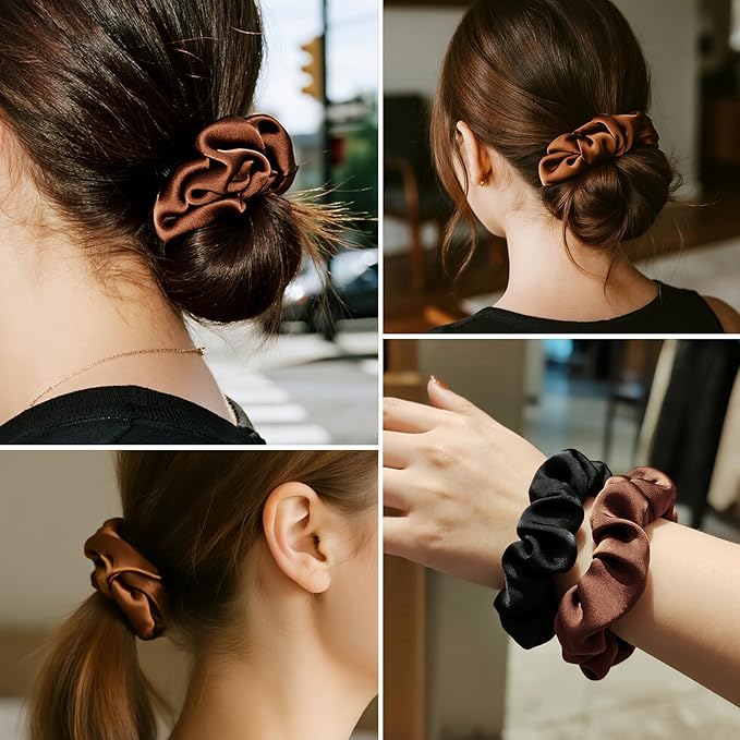 Silk Scrunchies for Women, 100% Mulberry Silk Hair Ties No Damage, Gentle No-Pull Elastic Ponytail Holders, 1Pc (Coffee)