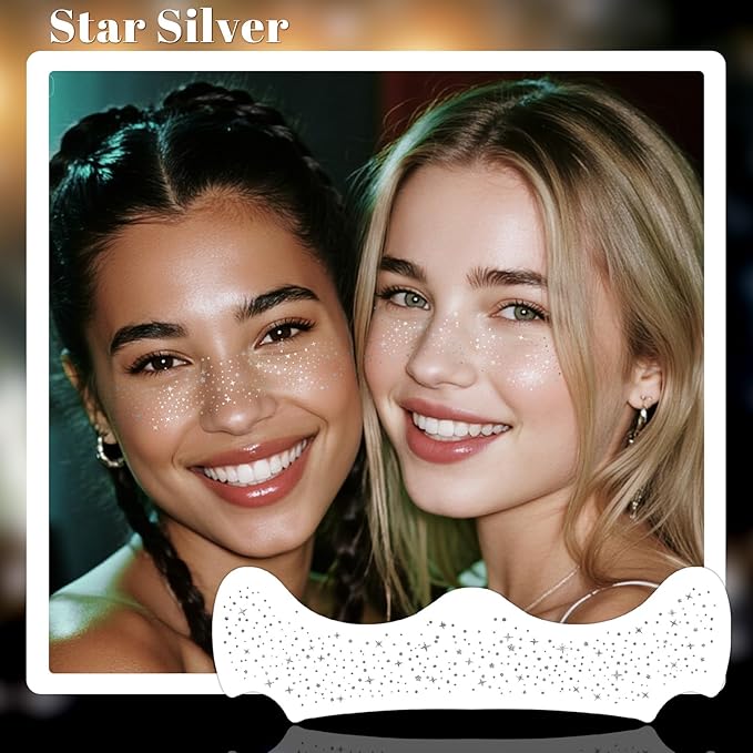 24pcs Glitter Freckles Face Tattoo - Silver Face Sparkle Freckles Temporary Tattoos for Women Girls, Waterproof & Long Lasting Freckles Makeup Patches for Party, Concerts, Daily Accessories