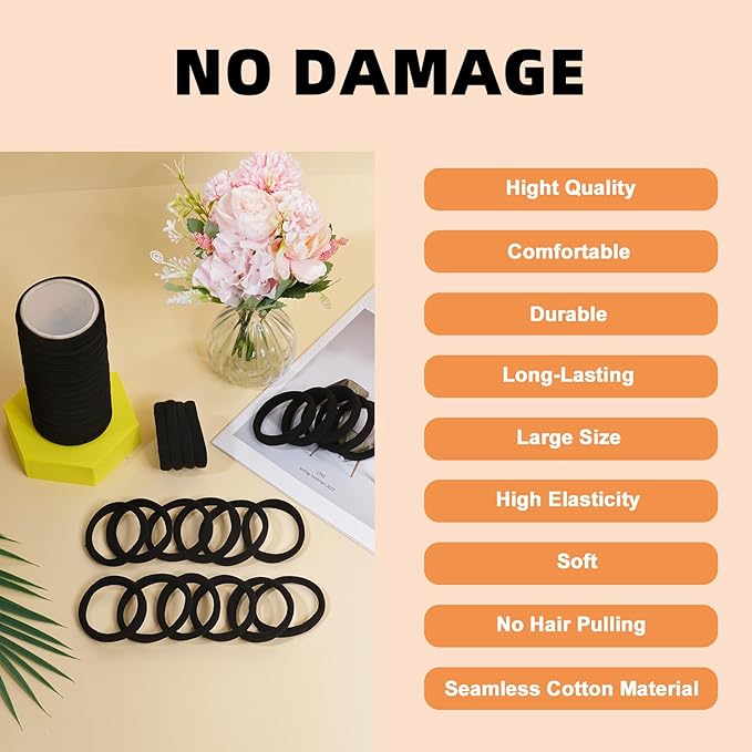 80pcs Black Thick Hair Ties for Women, 2.36 IN Large No Metal Ponytail Holders, Heavy Duty Elastic Hair Bands, Durable No Damage Hair Elastics for Thick & Curly Hair, Strong Hold