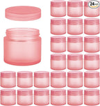 2oz Glass Jars 24 Pack, Hoa Kinh Mini Round Pink Frosted Glass Jars with Inner Liners and Pink Lids, Perfect for Storing Lotions, Powders and Ointments