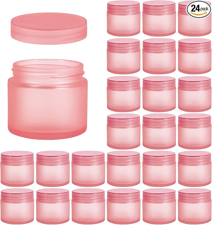 2oz Glass Jars 24 Pack, Hoa Kinh Mini Round Pink Frosted Glass Jars with Inner Liners and Pink Lids, Perfect for Storing Lotions, Powders and Ointments