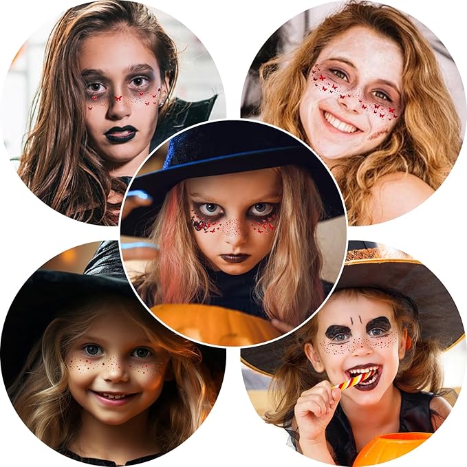10Pcs Halloween Face Makeup Patches, Glitter Freckles Face Tattoo for Teenagers & Young Women, Sparkle Freckles Makeup Patches, Waterproof Face Glitter Freckles (10Pcs Red)
