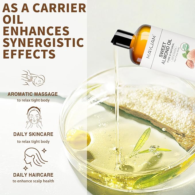 MAYJAM Sweet Almond Oil 16 Fl Oz, USDA Certified Pure and Natural Carrier Oil, for Skin and Hair Moisturizing, Hair and Body Massage Oil for Essential Oils Mixing (473ml)