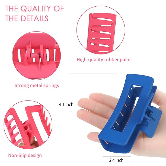 4 Inch Big Hair Claw Clips 6 Pcs Large Claw for Thick Hair Square Hair Clips for Women Rectangle Hair Clips Nonslip Acrylic Banana Jaw Clips Hair Accessories for Girls (Dopamine)
