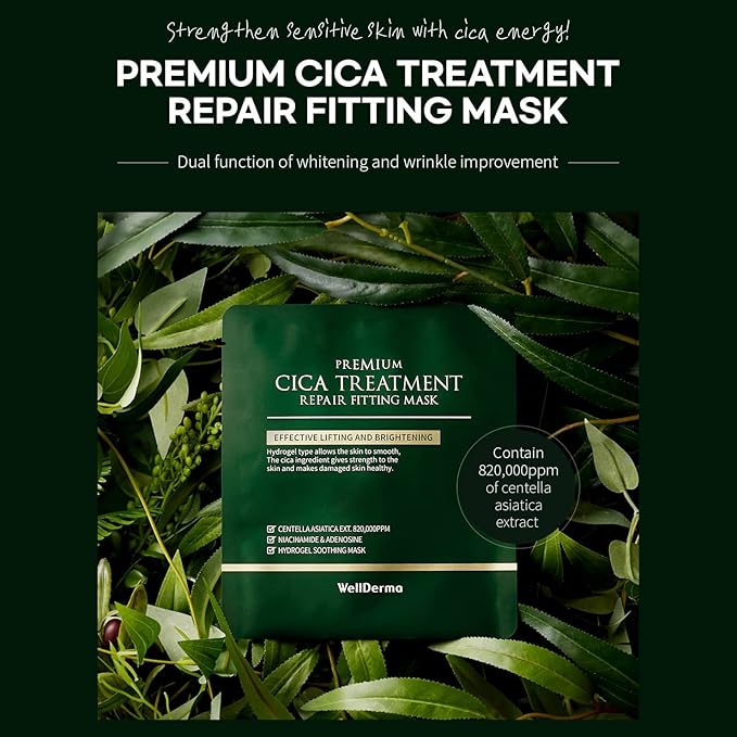 WELLDERMA Premium Cica Treatment Hydrogel Fitting Mask, 25g x 4 Sheets – Soothing & Hydrating Hydrogel Sheet Mask with Centella Leaf Water, Niacinamide & Hyaluronic Acid