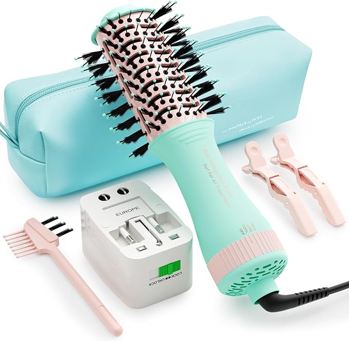 Travel Hair Dryer Brush Dual Voltage Blow Dryer in One, 2 inch Mini Hot Air Styling Tool, Hair Volumizer/Straightener/Curler with Universal Adapter, European Travel Size Styler