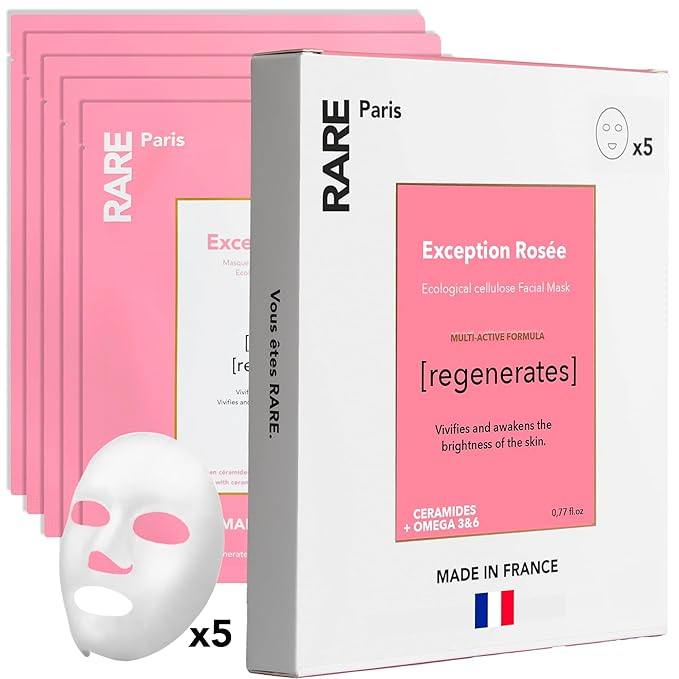 RARE Paris - Exception Rosée - Regenerating Facial Sheet Mask - Hydrating & Brightening - With Ceramides & Omega-3 & 6 - Brightening, Firming & Revitalizing - Multi-Active Serum Formula - 5 Pack