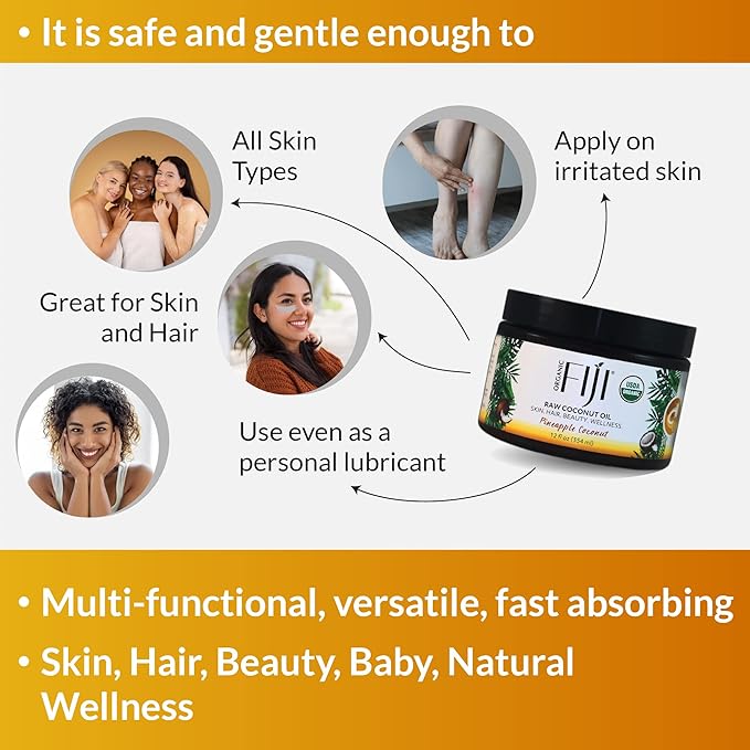 Organic Fiji Raw Cold Pressed Coconut Oil for Hair, Skin, Face & Body | Relaxing Massage Oil | Pineapple Coconut,12 oz for Women Men & Baby