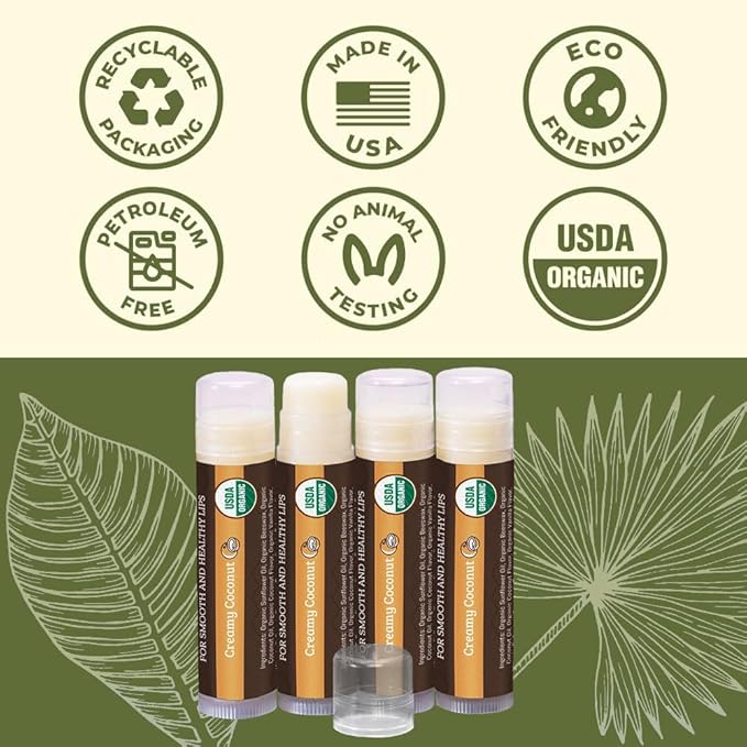 Earth's Daughter USDA Organic Lip Balm Stocking Stuffers 4-Pack Creamy Coconut Flavor - Beeswax, Coconut Oil, Vitamin E - Best Lip Repair Chapstick for Dry Cracked Lips