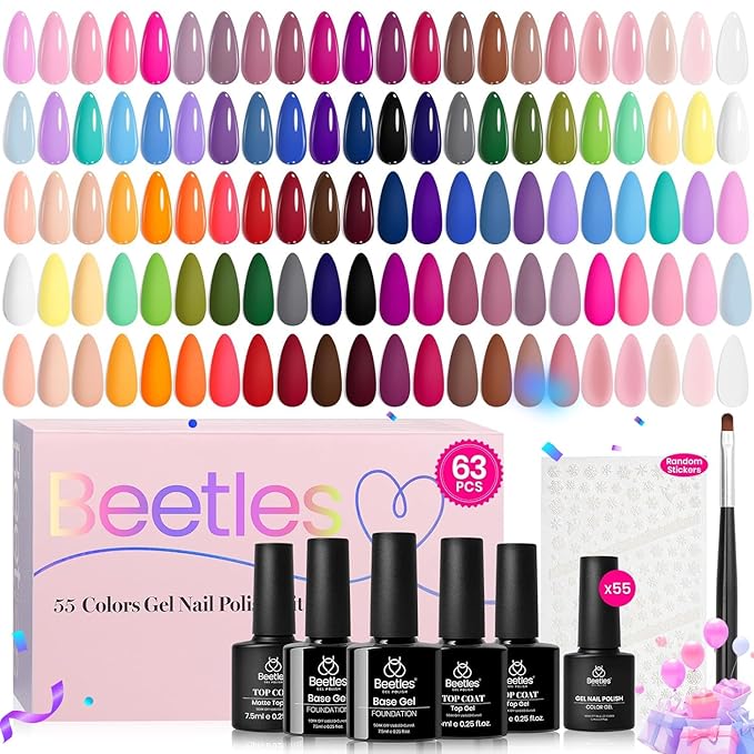 Beetles Winter Gel Nail Polish Set - Vibrarnt Holiday 55 Colors Gel Polish Kit with 5 Bottles Base Glossy Matte Top Coat UV LED Soak off Nail Polish Red Brown Pink Green Blue Christmas Gifts for Women