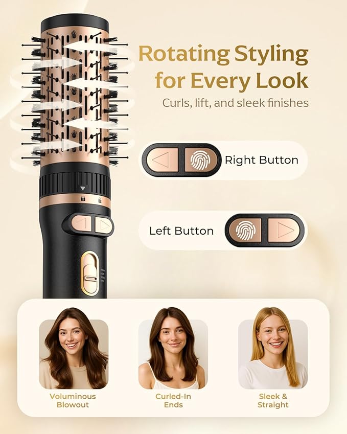 Rotating Hair Dryer Brush, Blow Dryer Brush with 2 Brushes (1.5" & 2") and Concentrator, Fast Drying, Straightening & Volumizing, Gold