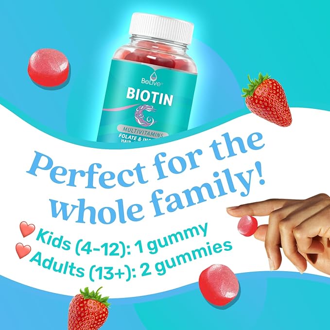 BeLive Biotin Gummies with MultiVitamins, Folate, Inositol – Supports Hair Growth, Healthy Skin & Nails – Vegan, Pectin Based – Strawberry Flavor (1)