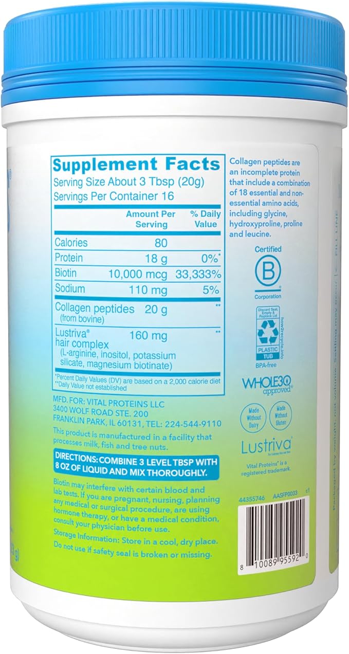 Vital Proteins Collagen Peptides + Biotin 10000mcg Hair Complex, Hair Growth Supplement - Clinically Studied Lustriva to Promote Thicker Fuller Hair, 20g Unflavored Collagen for Women 11.4oz Powder