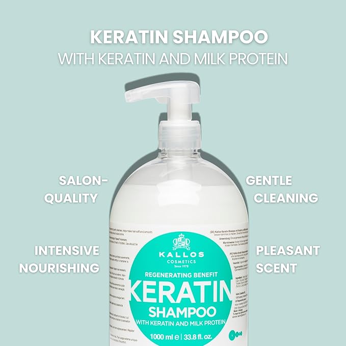 Kallos KJMN Keratin Regenerating Shampoo with keratin and milk protein for dry, damaged and chemically treated hair – Pump 1000 ml - 33,81 Fl Oz