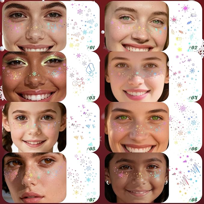 10pcs Christmas Face Glitter Freckles Tattoo, Holographic Body Glitter Faux Freckle Stickers for Women Girls, Sparkle Star Speckles Makeup Patches for Concert Festival Rave Cosplay Accessories