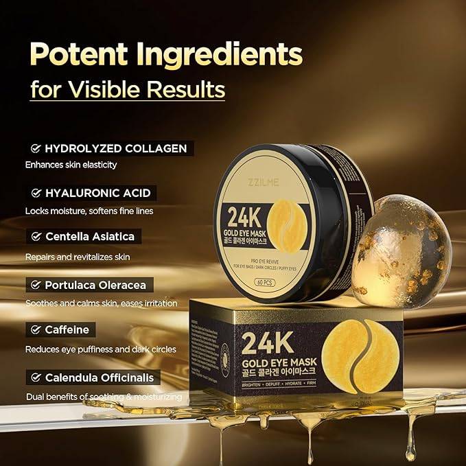 24k Gold Eye Patches - Firming, Glowing & Hydrating Hydrogel Mask for Puffy Eyes, Dark Circles, Wrinkles, Fine Lines, Eye Bags Treatment, Korean Skincare Gifts for Women and Men, 60Pcs