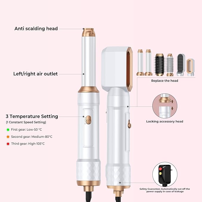 6 in 1 Air Styler Magic Hair Dryer Brush, Negative Ionic Blow Dryer Brush & 3 Heat Settings, Detachable Auto Curling & Straightening Volumizing, Frizz-Free Styling, Salon to Home Use (White-Blue)